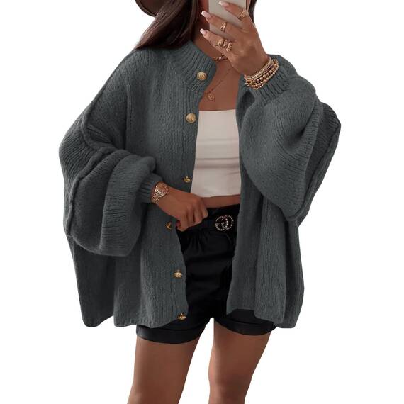 Saodimallsu Strickjacke Damen Kurz Laternenärmel Cardigan Knopfleiste Open Front Sweater Langarm Lose Strickmantel Herbst Winter Gestrickt Jacke Dunkelgrau M