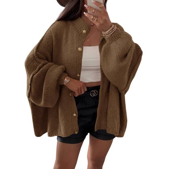Saodimallsu Strickjacke Damen Kurz Laternenärmel Cardigan Knopfleiste Open Front Sweater Langarm Lose Strickmantel Herbst Winter Gestrickt Jacke Braun XL