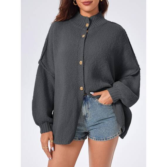 Saodimallsu Strickjacke Damen Kurz Laternenärmel Cardigan Knopfleiste Open Front Sweater Langarm Lose Strickmantel Herbst Winter Gestrickt Jacke Dunkelgrau M