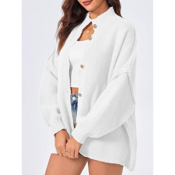 Saodimallsu Strickjacke Damen Kurz Laternenärmel Cardigan Knopfleiste Open Front Sweater Langarm Lose Strickmantel Herbst Winter Gestrickt Jacke Weiß S