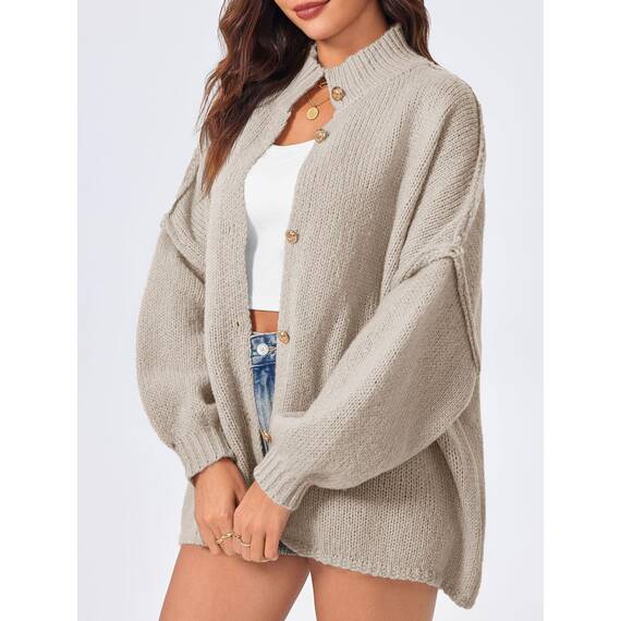 Saodimallsu Strickjacke Damen Kurz Laternenärmel Cardigan Knopfleiste Open Front Sweater Langarm Lose Strickmantel Herbst Winter Gestrickt Jacke Khaki XL