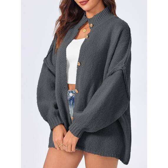 Saodimallsu Strickjacke Damen Kurz Laternenärmel Cardigan Knopfleiste Open Front Sweater Langarm Lose Strickmantel Herbst Winter Gestrickt Jacke Dunkelgrau M