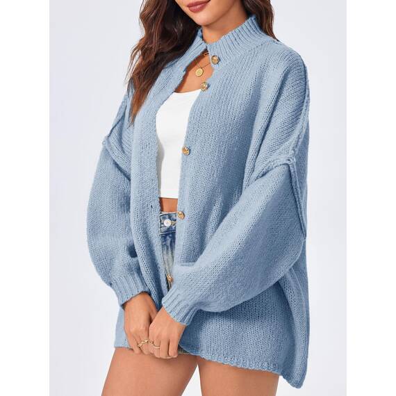 Saodimallsu Strickjacke Damen Kurz Laternenärmel Cardigan Knopfleiste Open Front Sweater Langarm Lose Strickmantel Herbst Winter Gestrickt Jacke Blau M