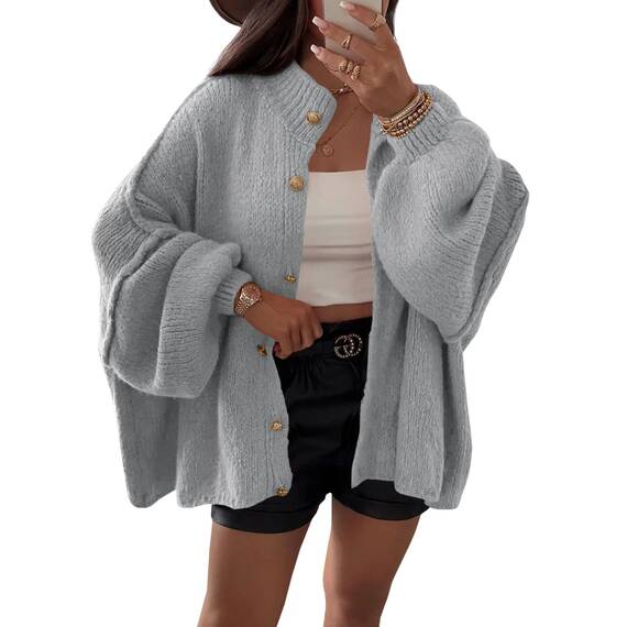 Saodimallsu Strickjacke Damen Kurz Laternenärmel Cardigan Knopfleiste Open Front Sweater Langarm Lose Strickmantel Herbst Winter Gestrickt Jacke Grau L