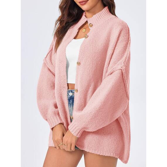 Saodimallsu Strickjacke Damen Kurz Laternenärmel Cardigan Knopfleiste Open Front Sweater Langarm Lose Strickmantel Herbst Winter Gestrickt Jacke Rosa M