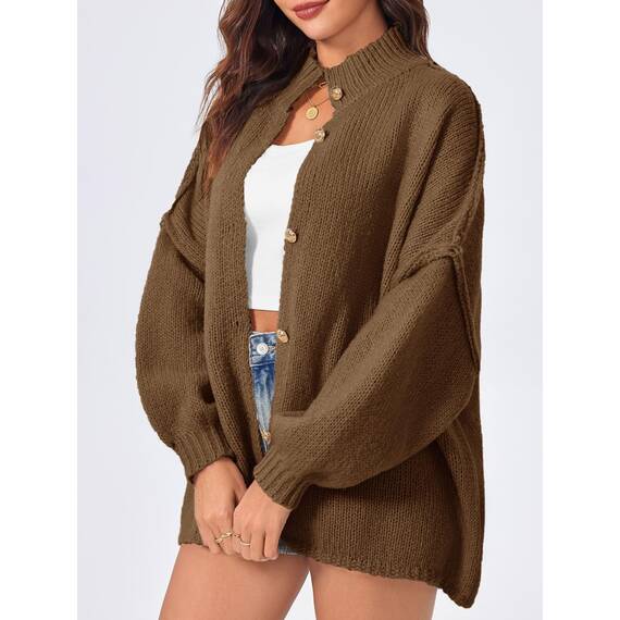 Saodimallsu Strickjacke Damen Kurz Laternenärmel Cardigan Knopfleiste Open Front Sweater Langarm Lose Strickmantel Herbst Winter Gestrickt Jacke Braun XL
