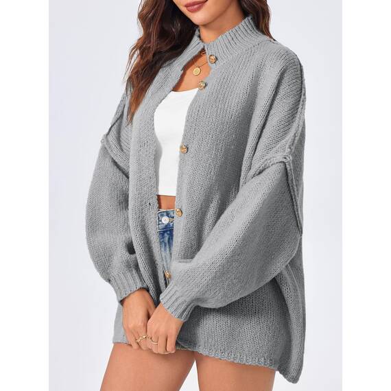 Saodimallsu Strickjacke Damen Kurz Laternenärmel Cardigan Knopfleiste Open Front Sweater Langarm Lose Strickmantel Herbst Winter Gestrickt Jacke Grau M