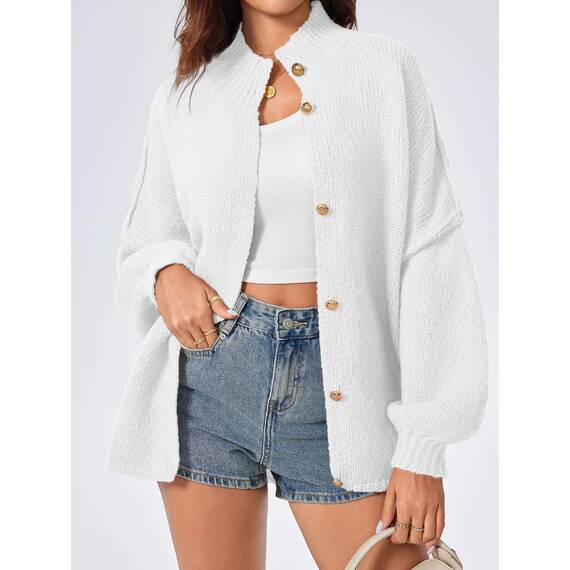 Saodimallsu Strickjacke Damen Kurz Laternenärmel Cardigan Knopfleiste Open Front Sweater Langarm Lose Strickmantel Herbst Winter Gestrickt Jacke Weiß L