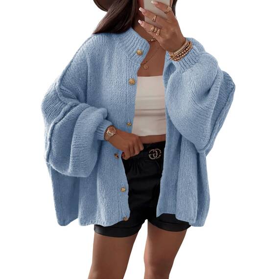 Saodimallsu Strickjacke Damen Kurz Laternenärmel Cardigan Knopfleiste Open Front Sweater Langarm Lose Strickmantel Herbst Winter Gestrickt Jacke Blau M