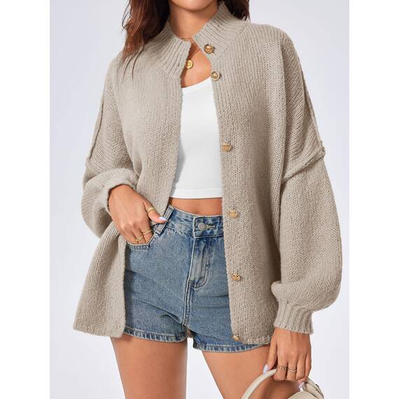 Saodimallsu Strickjacke Damen Kurz Laternenärmel Cardigan Knopfleiste Open Front Sweater Langarm Lose Strickmantel Herbst Winter Gestrickt Jacke Khaki XL