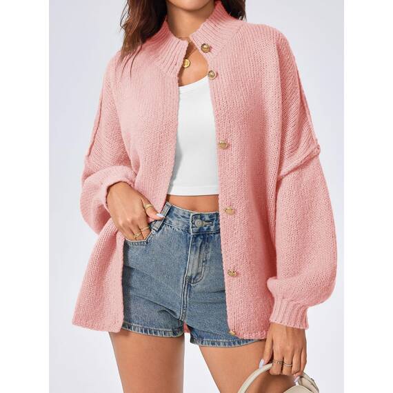 Saodimallsu Strickjacke Damen Kurz Laternenärmel Cardigan Knopfleiste Open Front Sweater Langarm Lose Strickmantel Herbst Winter Gestrickt Jacke Rosa M