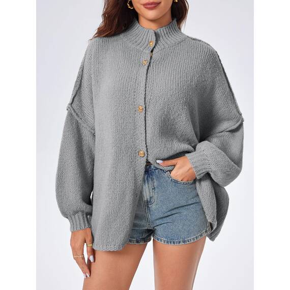 Saodimallsu Strickjacke Damen Kurz Laternenärmel Cardigan Knopfleiste Open Front Sweater Langarm Lose Strickmantel Herbst Winter Gestrickt Jacke Grau L