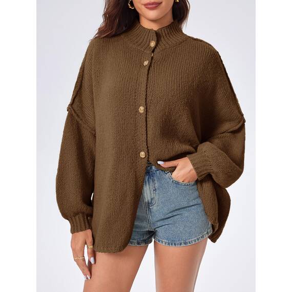 Saodimallsu Strickjacke Damen Kurz Laternenärmel Cardigan Knopfleiste Open Front Sweater Langarm Lose Strickmantel Herbst Winter Gestrickt Jacke Braun XL