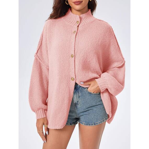 Saodimallsu Strickjacke Damen Kurz Laternenärmel Cardigan Knopfleiste Open Front Sweater Langarm Lose Strickmantel Herbst Winter Gestrickt Jacke Rosa M