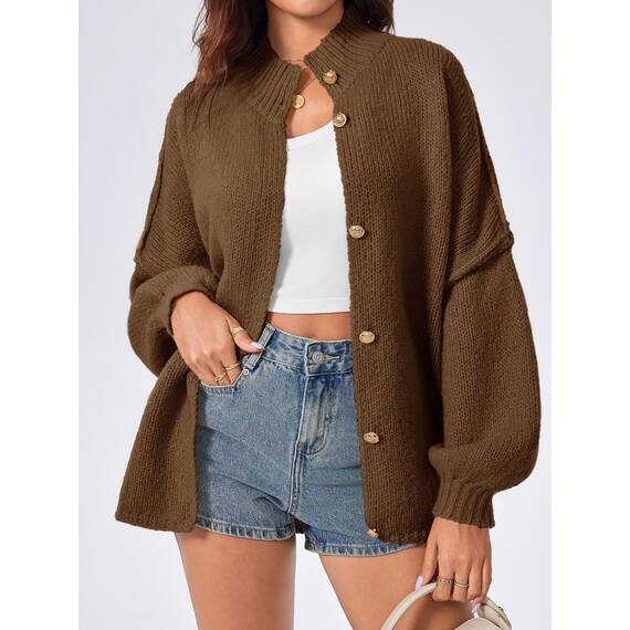 Saodimallsu Strickjacke Damen Kurz Laternenärmel Cardigan Knopfleiste Open Front Sweater Langarm Lose Strickmantel Herbst Winter Gestrickt Jacke Braun XL