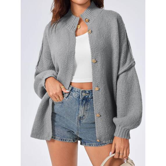 Saodimallsu Strickjacke Damen Kurz Laternenärmel Cardigan Knopfleiste Open Front Sweater Langarm Lose Strickmantel Herbst Winter Gestrickt Jacke Grau L