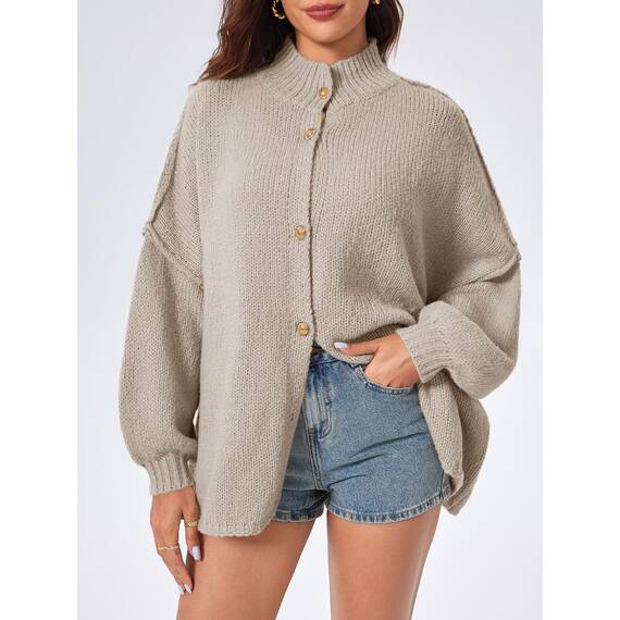 Saodimallsu Strickjacke Damen Kurz Laternenärmel Cardigan Knopfleiste Open Front Sweater Langarm Lose Strickmantel Herbst Winter Gestrickt Jacke Khaki L