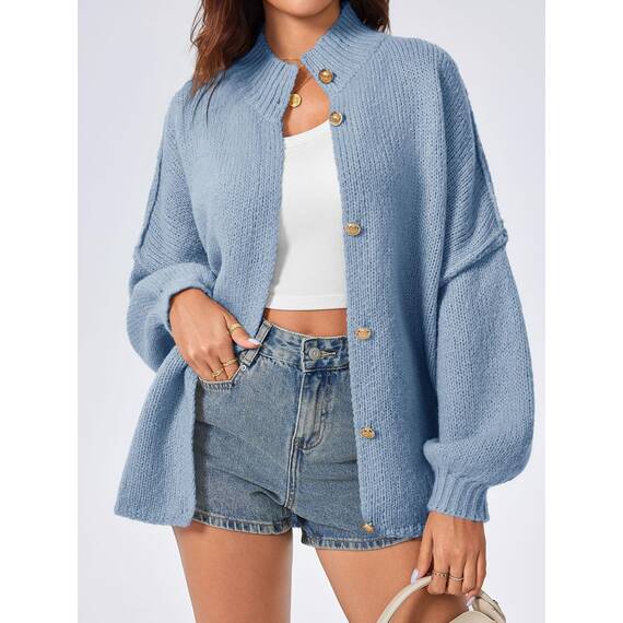 Saodimallsu Strickjacke Damen Kurz Laternenärmel Cardigan Knopfleiste Open Front Sweater Langarm Lose Strickmantel Herbst Winter Gestrickt Jacke Blau M