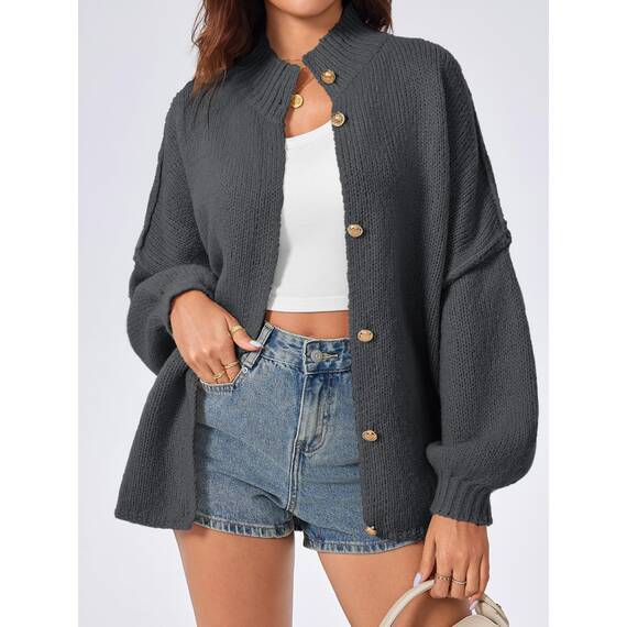Saodimallsu Strickjacke Damen Kurz Laternenärmel Cardigan Knopfleiste Open Front Sweater Langarm Lose Strickmantel Herbst Winter Gestrickt Jacke Dunkelgrau M