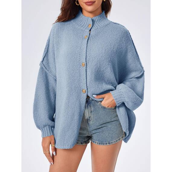 Saodimallsu Strickjacke Damen Kurz Laternenärmel Cardigan Knopfleiste Open Front Sweater Langarm Lose Strickmantel Herbst Winter Gestrickt Jacke Blau M