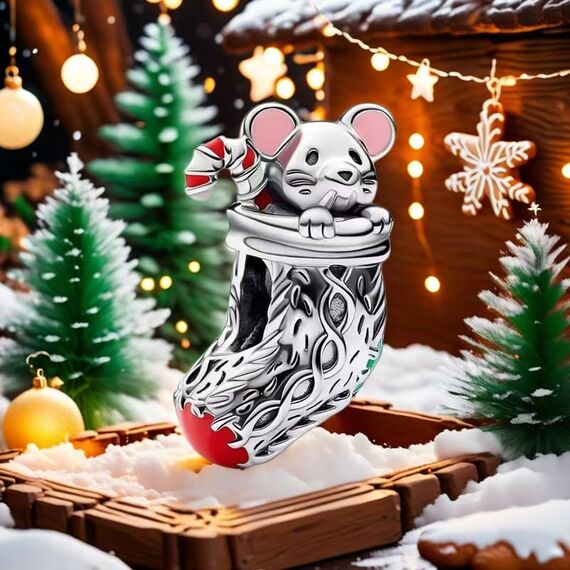 Feitery Christmas Festliche Maus & Strumpf Charms Kompatibilität für Pandora Armband Bead Charm für Damen Weihnachtszeit