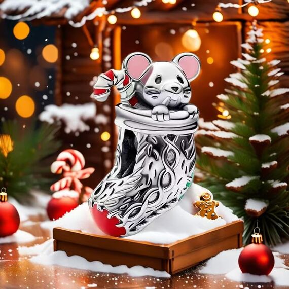 Feitery Christmas Festliche Maus & Strumpf Charms Kompatibilität für Pandora Armband Bead Charm für Damen Weihnachtszeit