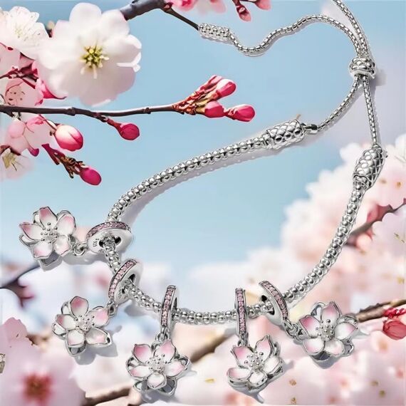 Feitery Cherry Blossom Dangle Charm Herz Anhänger Armband zum Muttertag