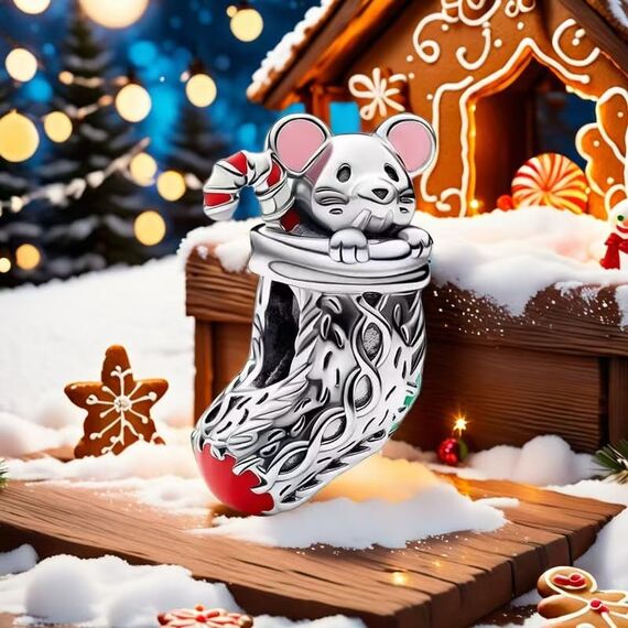 Feitery Christmas Festliche Maus & Strumpf Charms Kompatibilität für Pandora Armband Bead Charm für Damen Weihnachtszeit