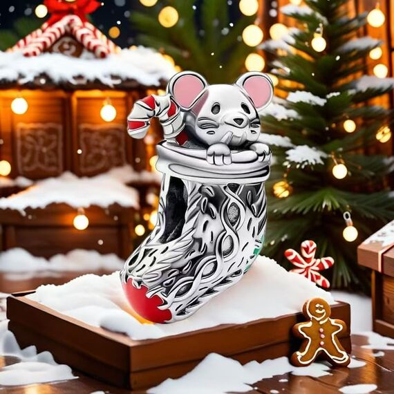 Feitery Christmas Festliche Maus & Strumpf Charms Kompatibilität für Pandora Armband Bead Charm für Damen Weihnachtszeit
