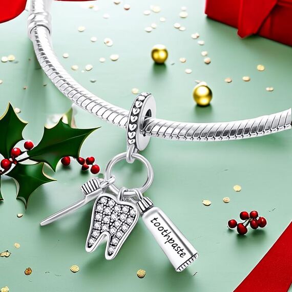 Feitery Christmas Familie Charms Armband Bead Charm für Damen Weihnachtszeit (Silberzähne)