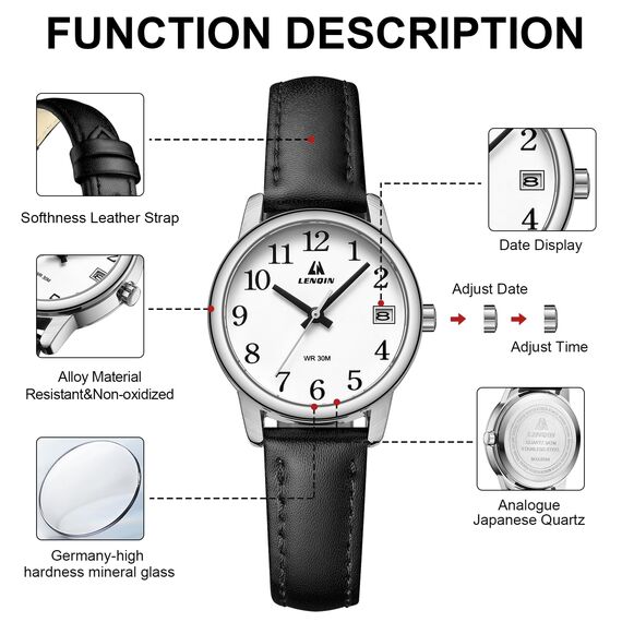 LN LENQIN Uhr Damen Armbanduhr Damen Uhr mit Großen Ziffern Analog Quarzuhr für Frauen mit Lederband