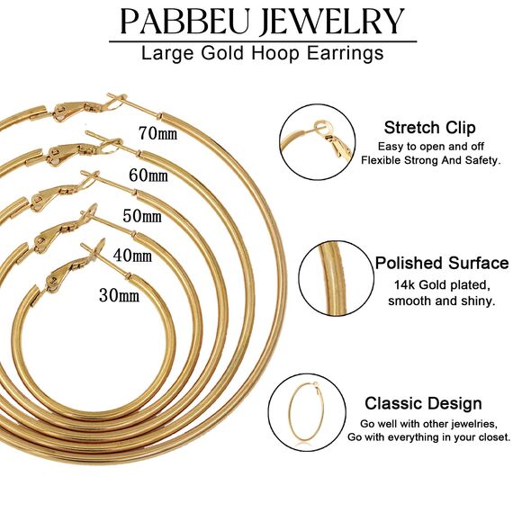 PABBEU 5 Paar goldene Creolen, große Creolen aus 316L Edelstahl, leichte, 14 Karat vergoldete Ohrringe, hypoallergene, dünne goldene für Frauen, 30/40/50/60/70 mm