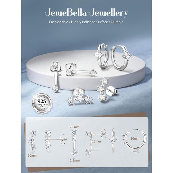 JeweBella 3 Paar Ohrringe Silber 925 Set für Damen 14 Karat Vergoldet Kleine Ohrstecker Stapelbar Zirkonia Creolen für Mehrere Piercings