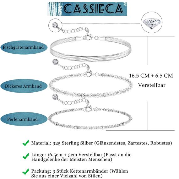 CASSIECA 3Pcs Armband Damen Silber Armbänder Silver Armband Set Verstellbare Stapelbare Kettenarmband für Damen Mädchen