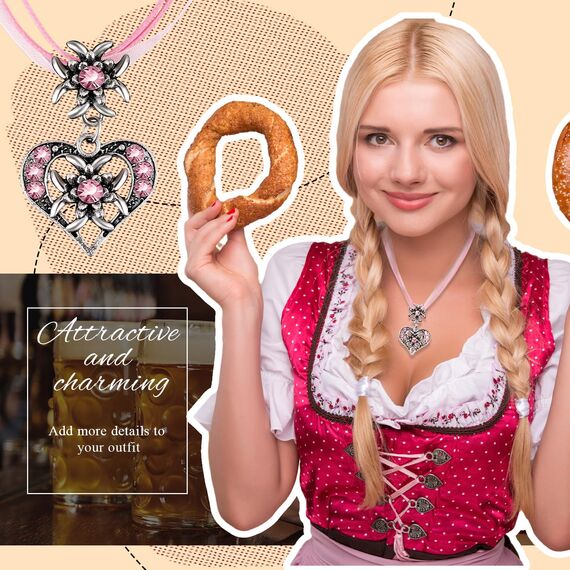 Patelai 3 Stück Trachtenschmuck Set Bayerisch Dirndlschmuck Trachtenkette mit Strass Edelweiß Herz Anhänger und Edelweiß Ohrstecker für Damen Bierfest Trachten Dirndl Outfit Accessoires (Rosa)