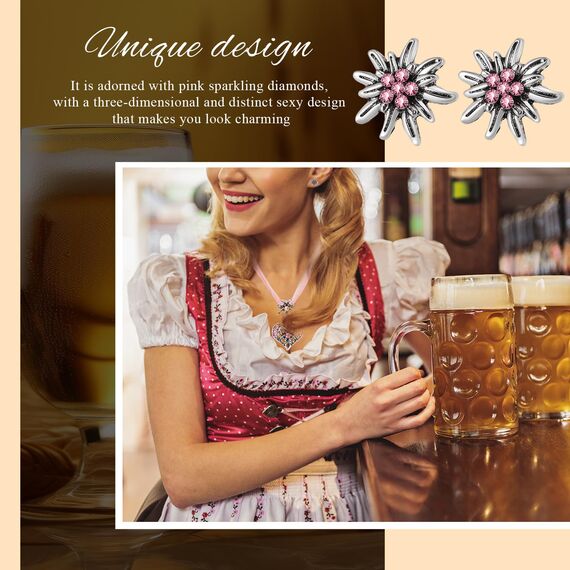 Patelai 3 Stück Trachtenschmuck Set Bayerisch Dirndlschmuck Trachtenkette mit Strass Edelweiß Herz Anhänger und Edelweiß Ohrstecker für Damen Bierfest Trachten Dirndl Outfit Accessoires (Rosa)