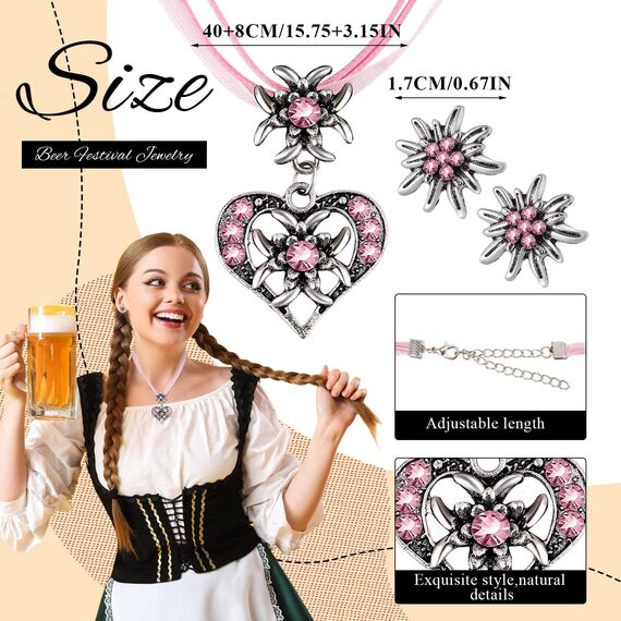 Patelai 3 Stück Trachtenschmuck Set Bayerisch Dirndlschmuck Trachtenkette mit Strass Edelweiß Herz Anhänger und Edelweiß Ohrstecker für Damen Bierfest Trachten Dirndl Outfit Accessoires (Rosa)