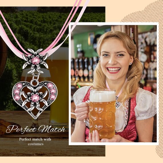 Patelai 3 Stück Trachtenschmuck Set Bayerisch Dirndlschmuck Trachtenkette mit Strass Edelweiß Herz Anhänger und Edelweiß Ohrstecker für Damen Bierfest Trachten Dirndl Outfit Accessoires (Rosa)