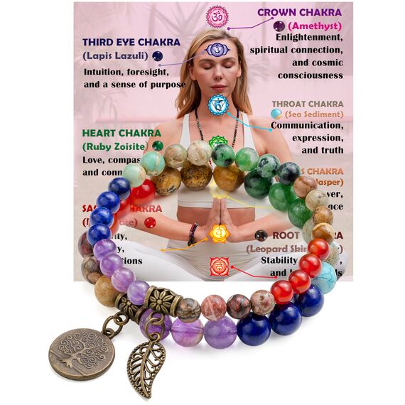 Farfume Chakra Armband Echte Steine, Edelsteine Armbänder fur Damen (Chakren und Baum des Lebens)