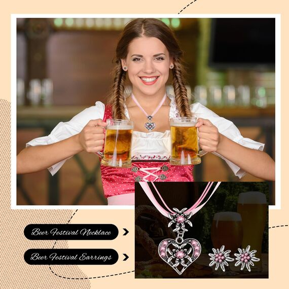 Patelai 3 Stück Trachtenschmuck Set Bayerisch Dirndlschmuck Trachtenkette mit Strass Edelweiß Herz Anhänger und Edelweiß Ohrstecker für Damen Bierfest Trachten Dirndl Outfit Accessoires (Rosa)