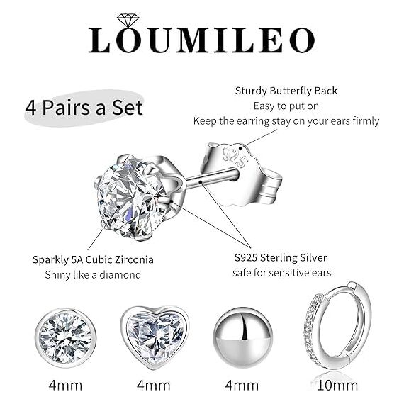 LOUMILEO Ohrstecker Silber 925 4 PaarSilber Ohrringe Damen Hypoallergen Cubic Zirkonia Ohrstecker Set ohrringe Silber 925 Stecker für mehrere Piercings