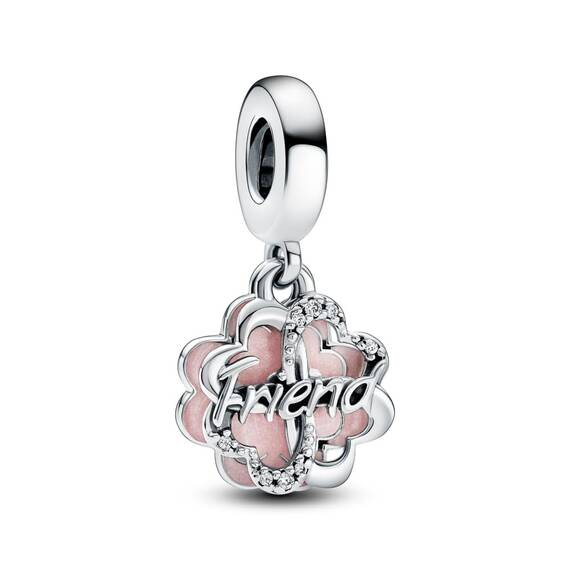 PANDORA Vierblättriges Kleeblatt Freundschaft Doppelter Charm-Anhänger aus Sterling Silber und Emaille - Kompatibel mit PANDORA Moments Armbänder