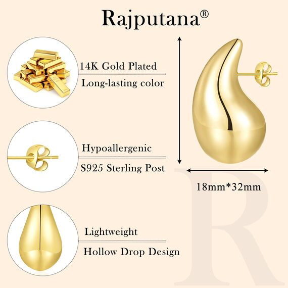 Rajputana Dupes Ohrringe Drop Earrings Chunky Gold Earrings for Women Teardrop Tropfen Ohrringe Vergoldet für Frauen Mädchen Mode Trendy lightweight Hypoallergenic Schmuck