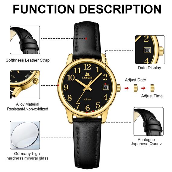 LN LENQIN Uhr Damen Armbanduhr Damen Uhr mit Großen Ziffern Analog Quarzuhr für Frauen mit Lederband