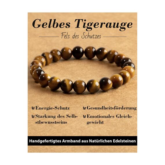 Landorilo Echte Naturstein Perlen Armband, Damen Herren Gelbes Tigerauge Perlenarmband, 8MM Runde Edelsteine Yoga Chakren Armbänder, Geburtstag Valentinstag Geschenke