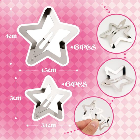 BOFUNX 12 Stücke Stern Haarspangen Silber Y2K Haarschmuck Pentagramm Hair Clips für Mädchen und Frauen, 2 Größe 3cm 4cm