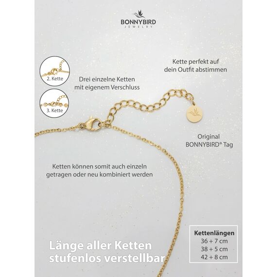 BONNYBIRD® Layering Ketten Set Gold - Boho Mehrreihige Kette Mit Anhänger, Edelstahlkette, Dreifach Plattenkette, Goldkette Damen