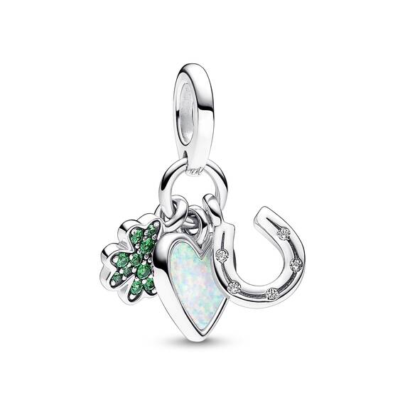 PANDORA Moments Vierblättriges Kleeblatt, Herz und Hufeisen Dreifacher Charm-Anhänger aus Sterling Silber, Kristallen, Zirkonia, Kompatibel Moments Armbändern, 792755C01