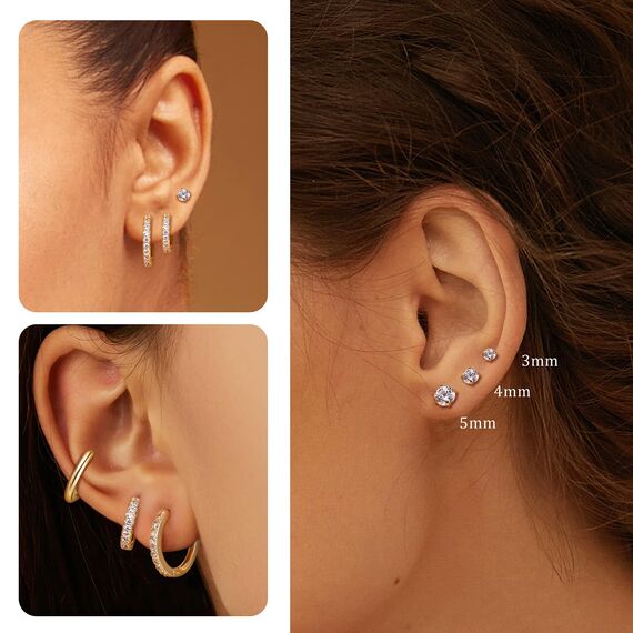 Ohrringe Gold, 316L Chirurgenstahl Steckerstift Ohrstecker & Creolen Gold Set | 18K Vergoldetes Hypoallergene Cubic Zirkonia Ohrstecker & Knorpel Ohrring Huggie Creolen Klein für Damen, 7 Paar