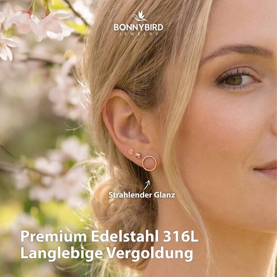 BONNYBIRD® Ohrringe Rosegold Set für mehrere Ohrlöcher Damen Goldene Medizinische Ohrstecker Chirurgenstahl Gesundheitsstecker Edelstahl Stecker Nickelfrei Schmuck Klein Wasserfest Hypoallergen Mini